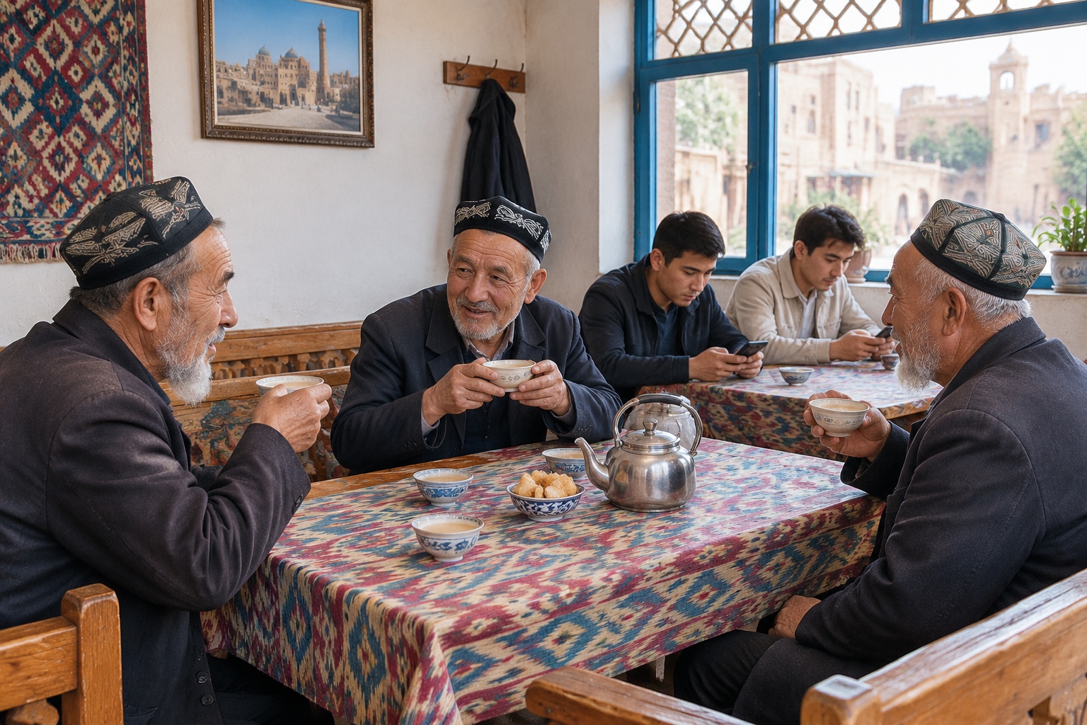 Interior of a small tea house in Kashgar Old Town with older men drinking salted milk tea at shared tables while younger customers look at their phones