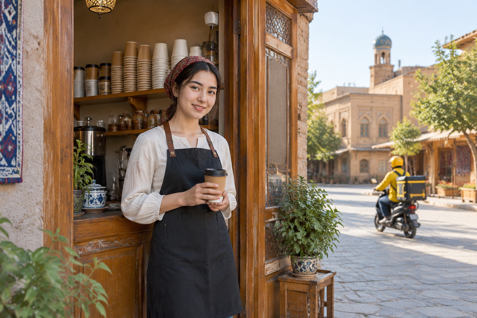 A young shop owner at the doorway of a small tea shop in Kashgar Old Town while a delivery rider passes along the wider street outside