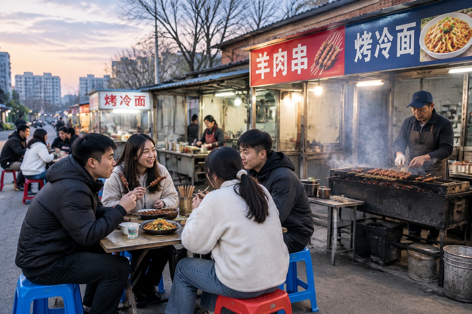 Local street food alley in Changchun, Jilin, with people eating lamb skewers and grilled cold noodles at small shops