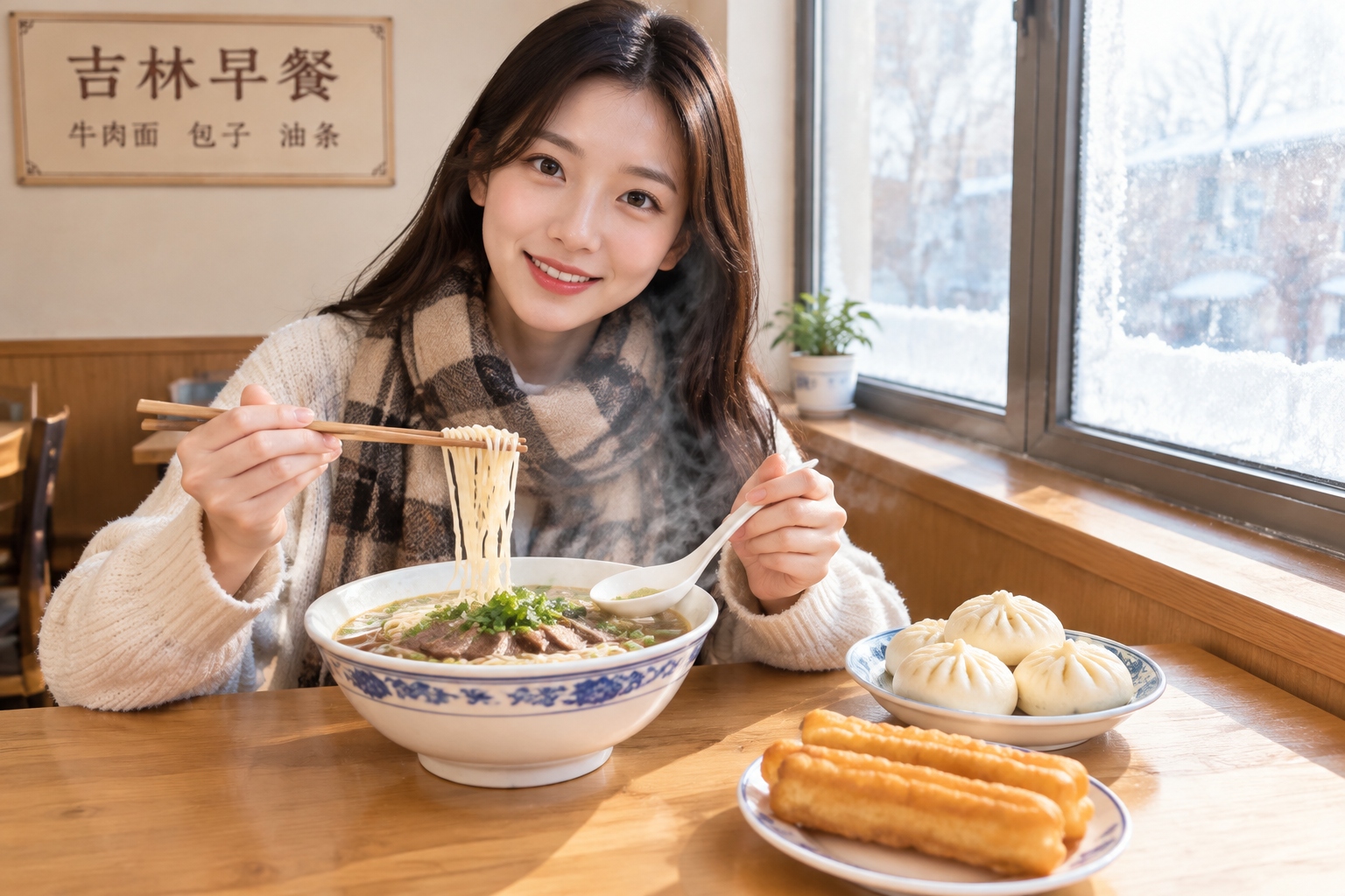 Traditional Jilin breakfast with beef noodle soup, steamed buns, and fried dough sticks on a wooden table