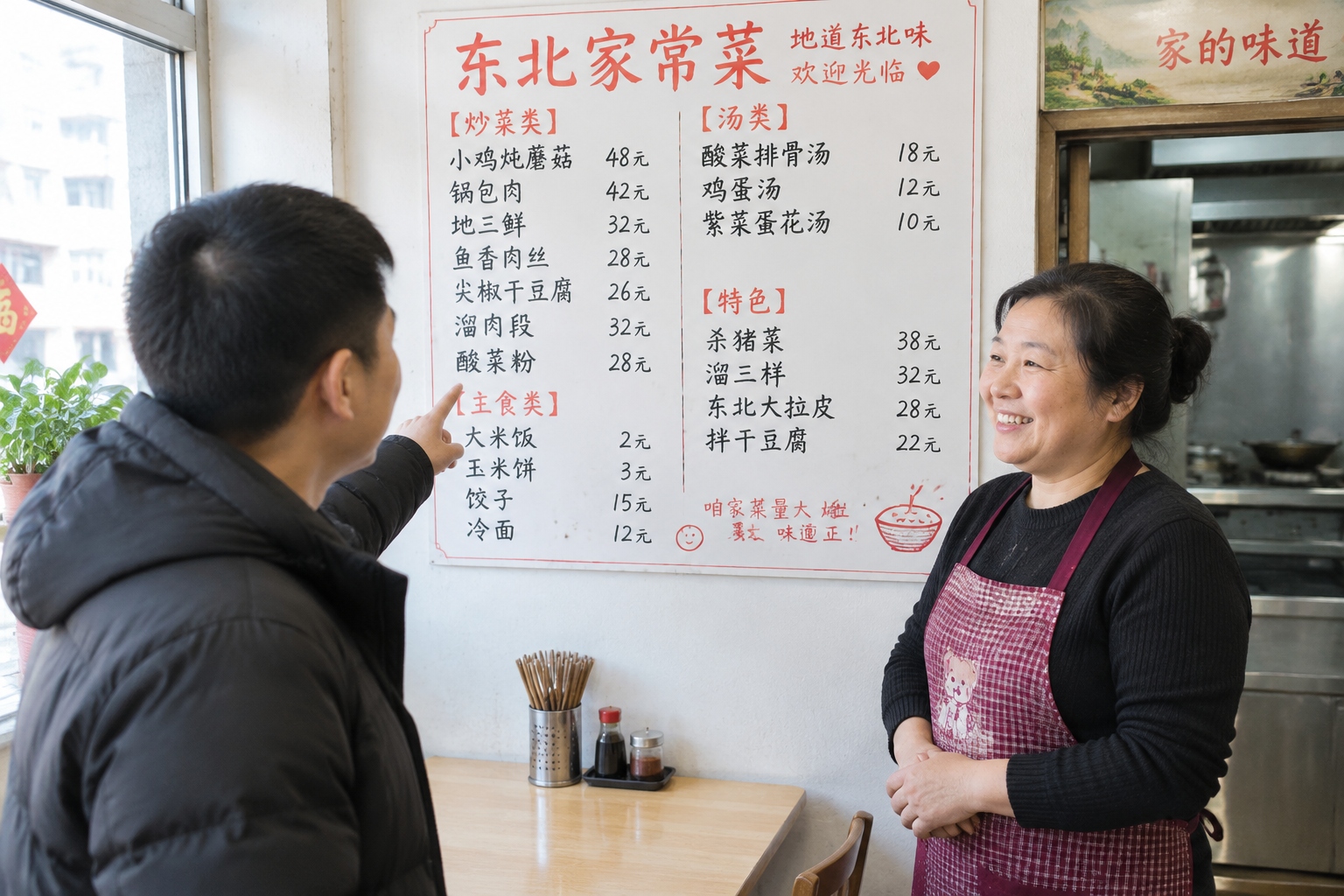 Customer pointing at a handwritten Chinese menu on the wall of a small restaurant in Jilin