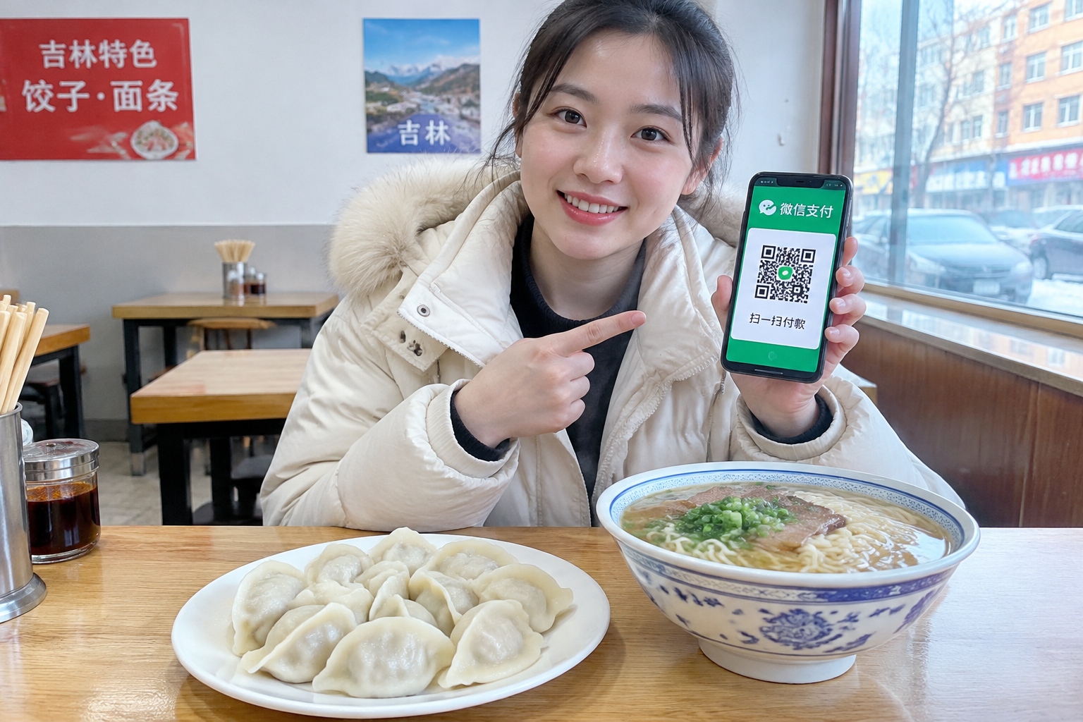 Plate of dumplings and bowl of noodles in a Jilin neighborhood restaurant with WeChat Pay QR code on the table
