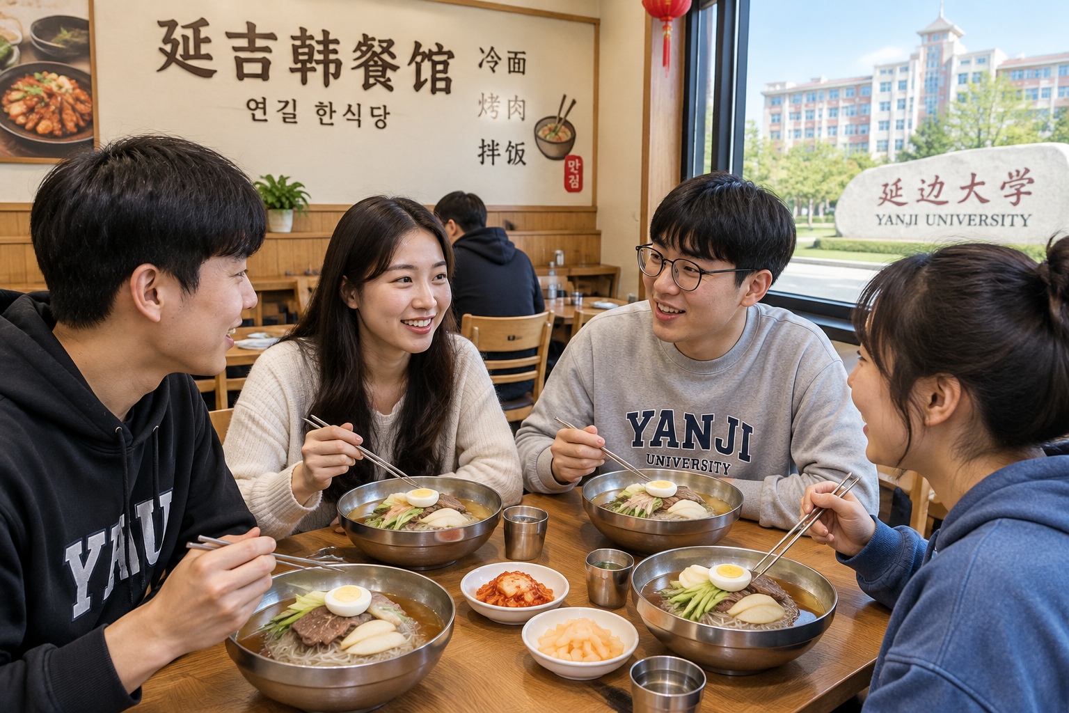 Korean-Chinese cold noodles with beef broth and pear at a restaurant near Yanji University in Jilin