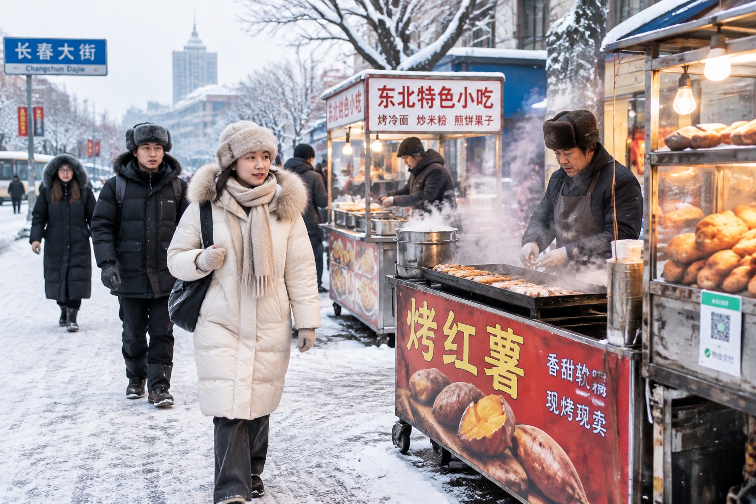People in heavy winter coats walking past steaming street food stalls on a snowy day in Changchun, Jilin, China