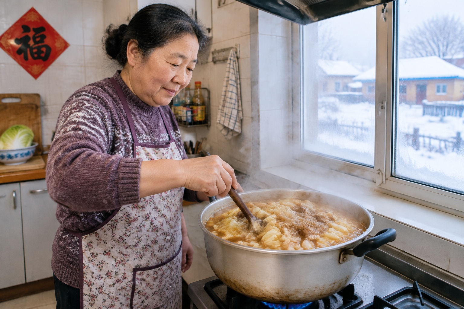 A pot of pickled cabbage and pork stew with glass noodles simmering on a home stove in Jilin, China