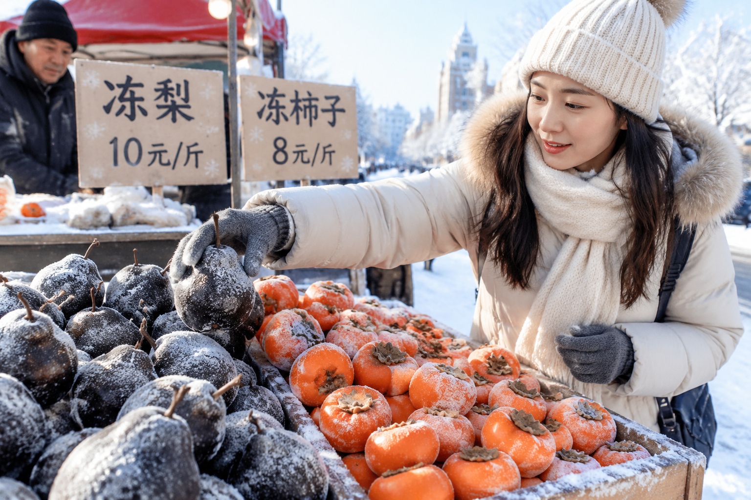 Frozen pears and frozen persimmons in a market bin in Jilin, China during winter