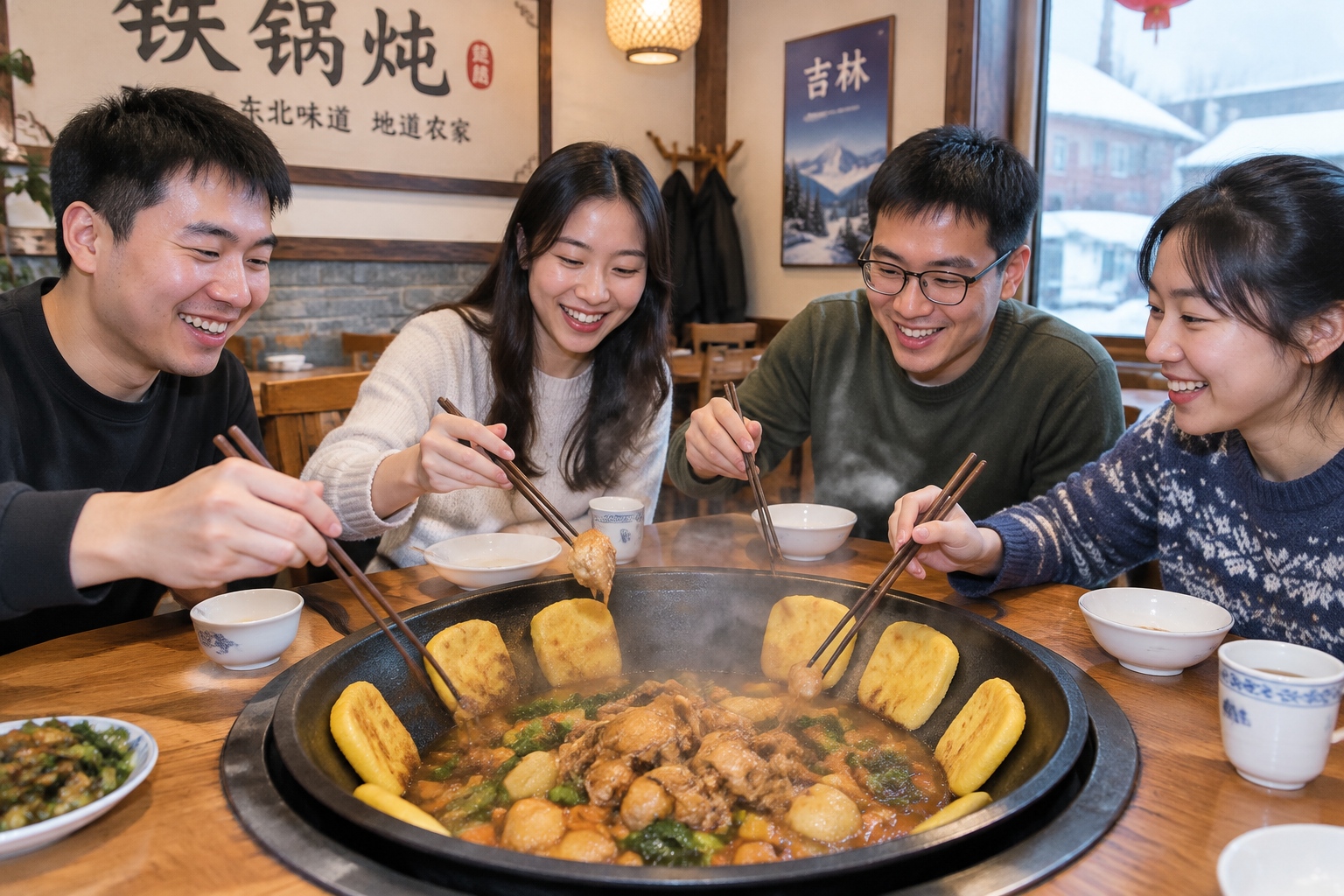 Friends sharing an iron pot stew with cornmeal flatbread at a restaurant table in Jilin, China