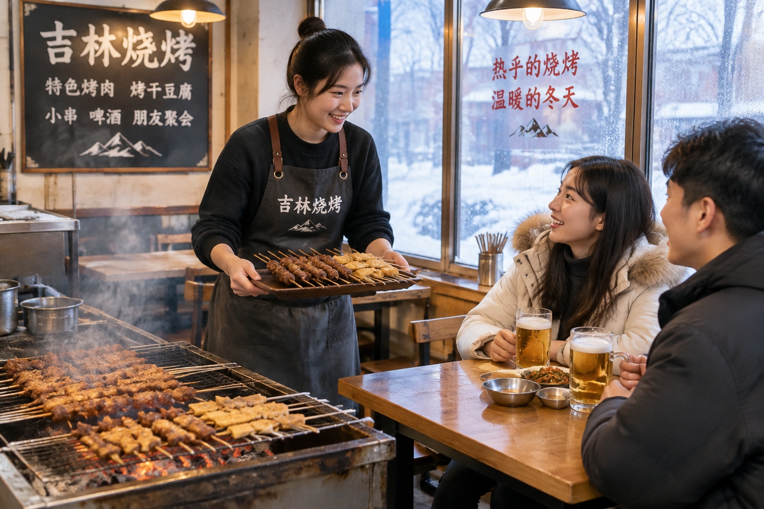 Charcoal grill with meat and tofu skewers at a small BBQ shop in Jilin, China in winter