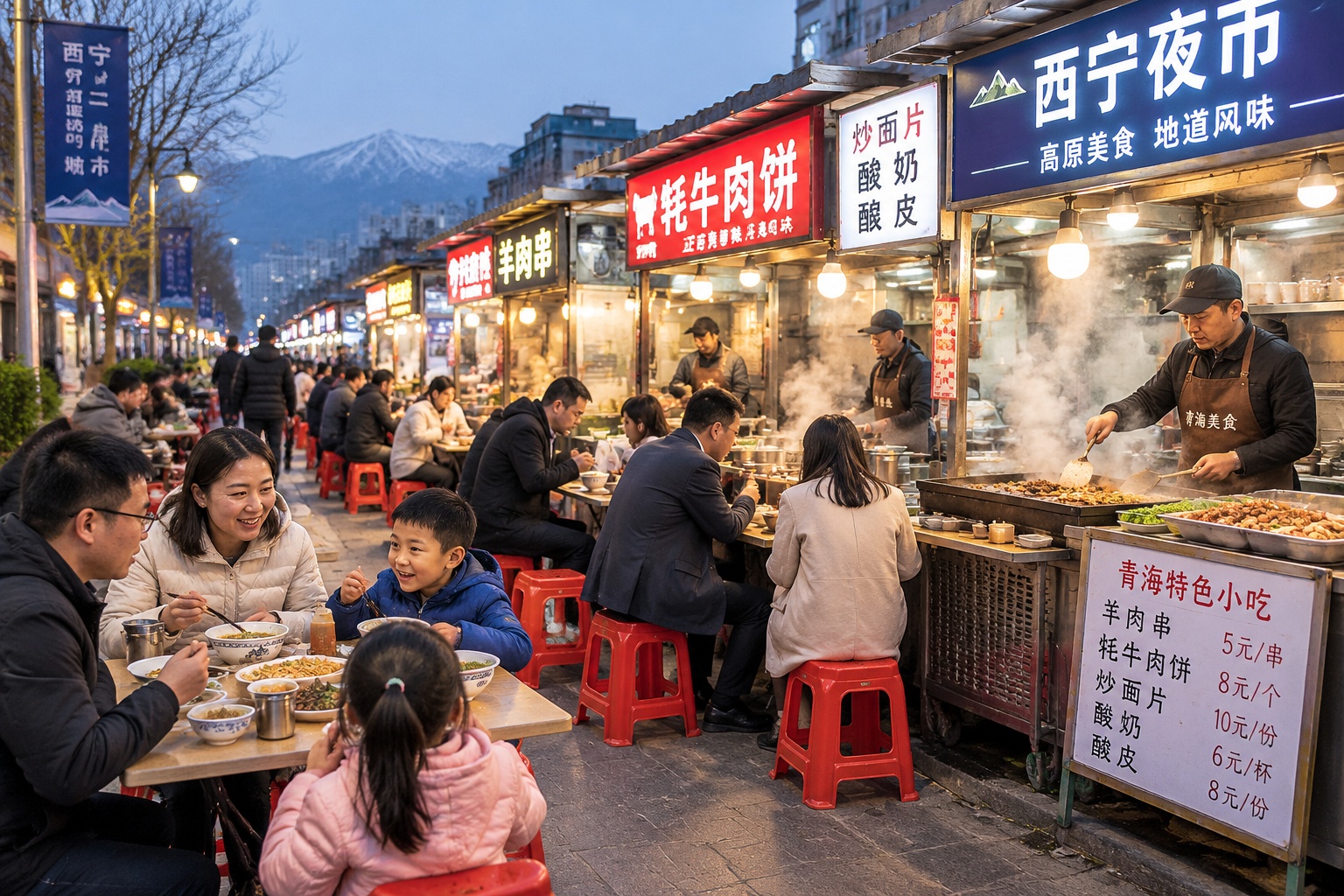 Beyond the Tourist Photos: Finding Authentic Night Markets in Xining City Center 22 Crowded night market street in central Xining with folding tables, plastic stools and food stalls under warm lights