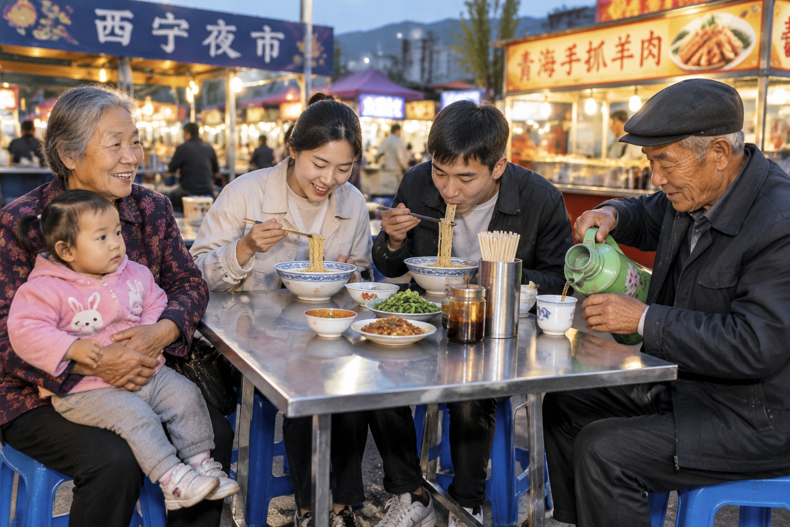 Beyond the Tourist Photos: Finding Authentic Night Markets in Xining City Center 23 Family and elderly residents sharing a table at a Xining night market, with tea poured from a thermos