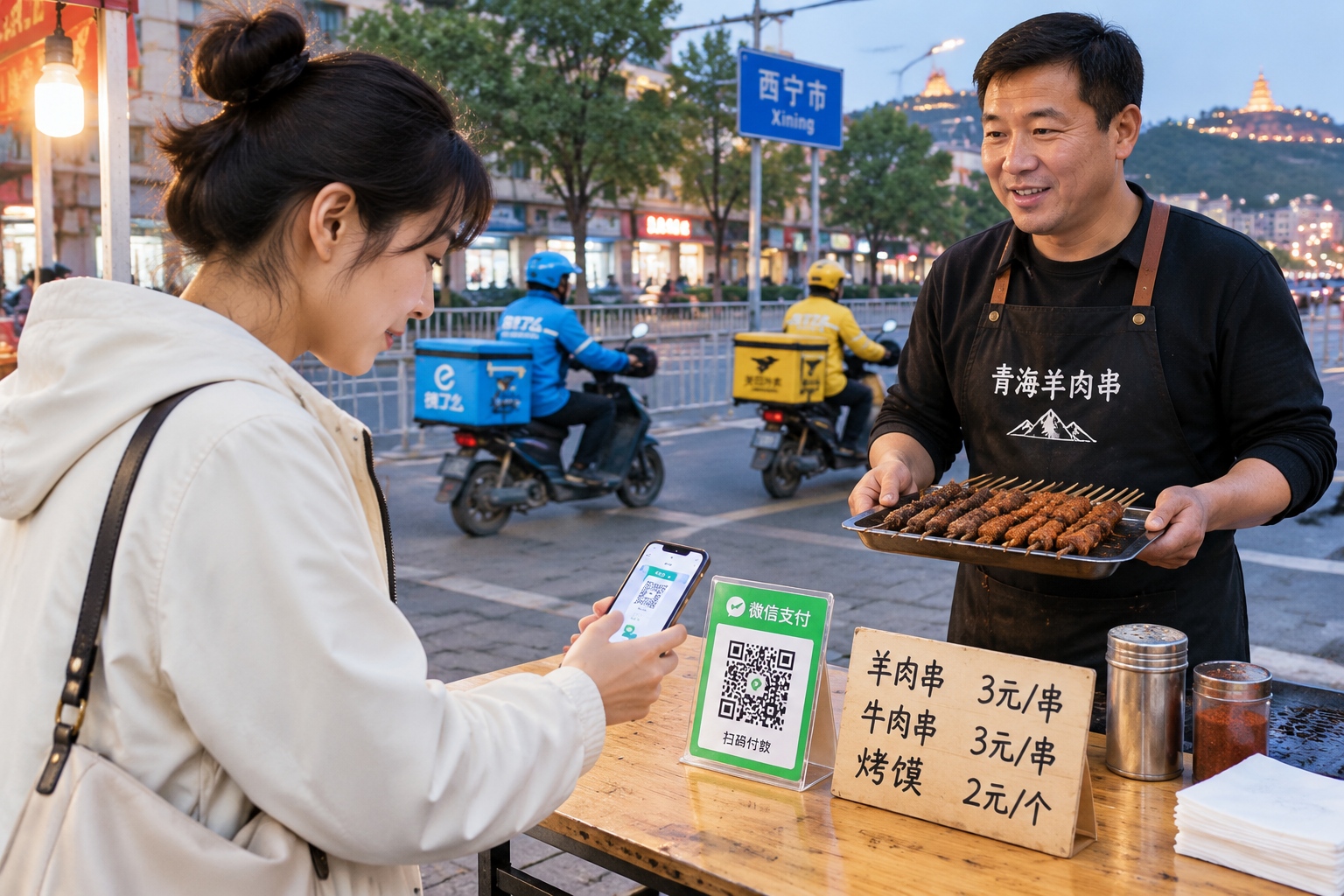 Beyond the Tourist Photos: Finding Authentic Night Markets in Xining City Center 24 Customer scanning a WeChat Pay QR code taped to a table at a Xining street food stall while delivery riders pass behind
