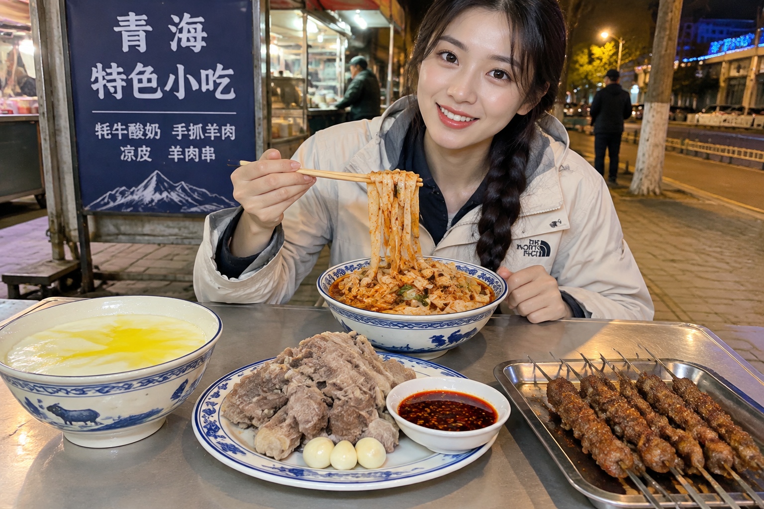 Beyond the Tourist Photos: Finding Authentic Night Markets in Xining City Center 25 Yak yogurt in a ceramic bowl, hand-grabbed mutton, niangpi noodles and lamb skewers on a night market table in Xining