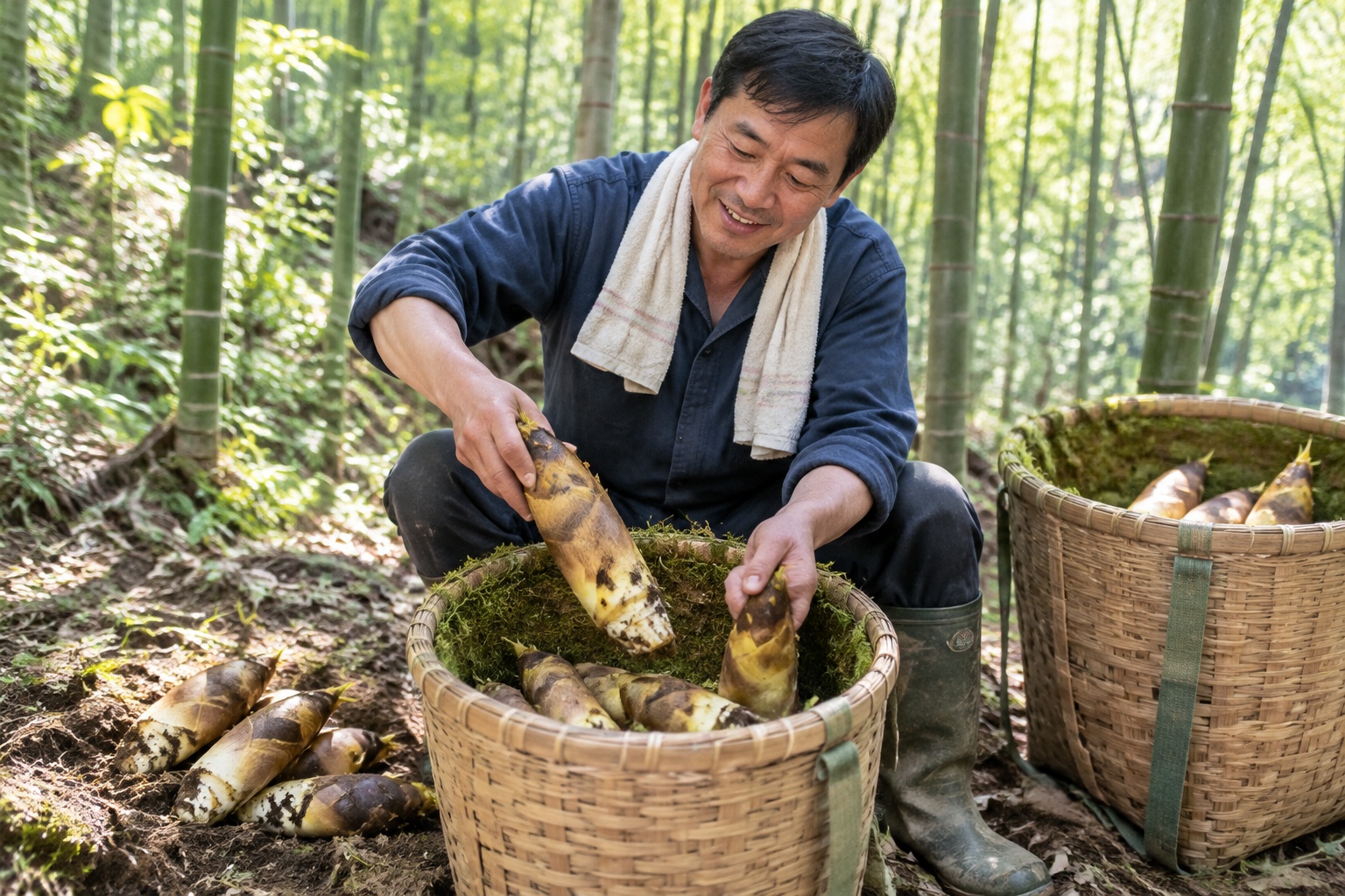 From Soil to Table: The 48-Hour Journey of a Bamboo Shoot 22 Farmer placing freshly dug bamboo shoots into damp moss-lined woven bag in bamboo forest, Anji, Zhejiang, China.