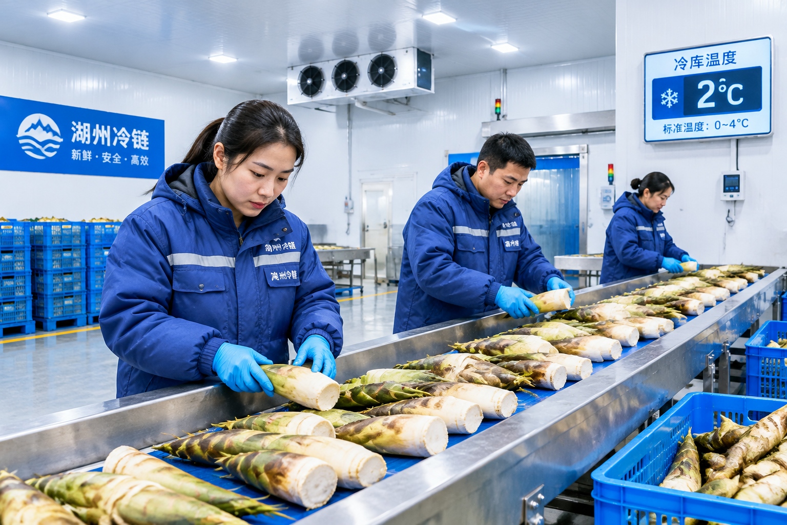 From Soil to Table: The 48-Hour Journey of a Bamboo Shoot 23 Workers sorting premium bamboo shoots on conveyor belt inside a cold storage warehouse in Huzhou, temperature set at 2°C.