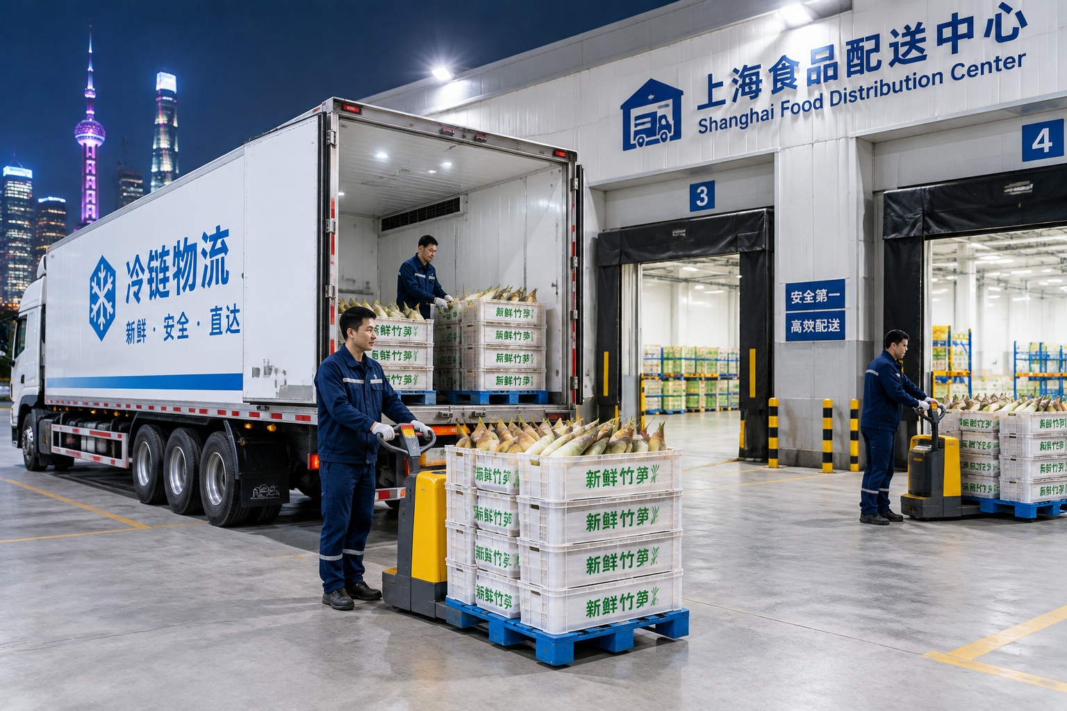 From Soil to Table: The 48-Hour Journey of a Bamboo Shoot 24 Refrigerated trailer unloading crates of bamboo shoots at Shanghai fresh food distribution center at night.