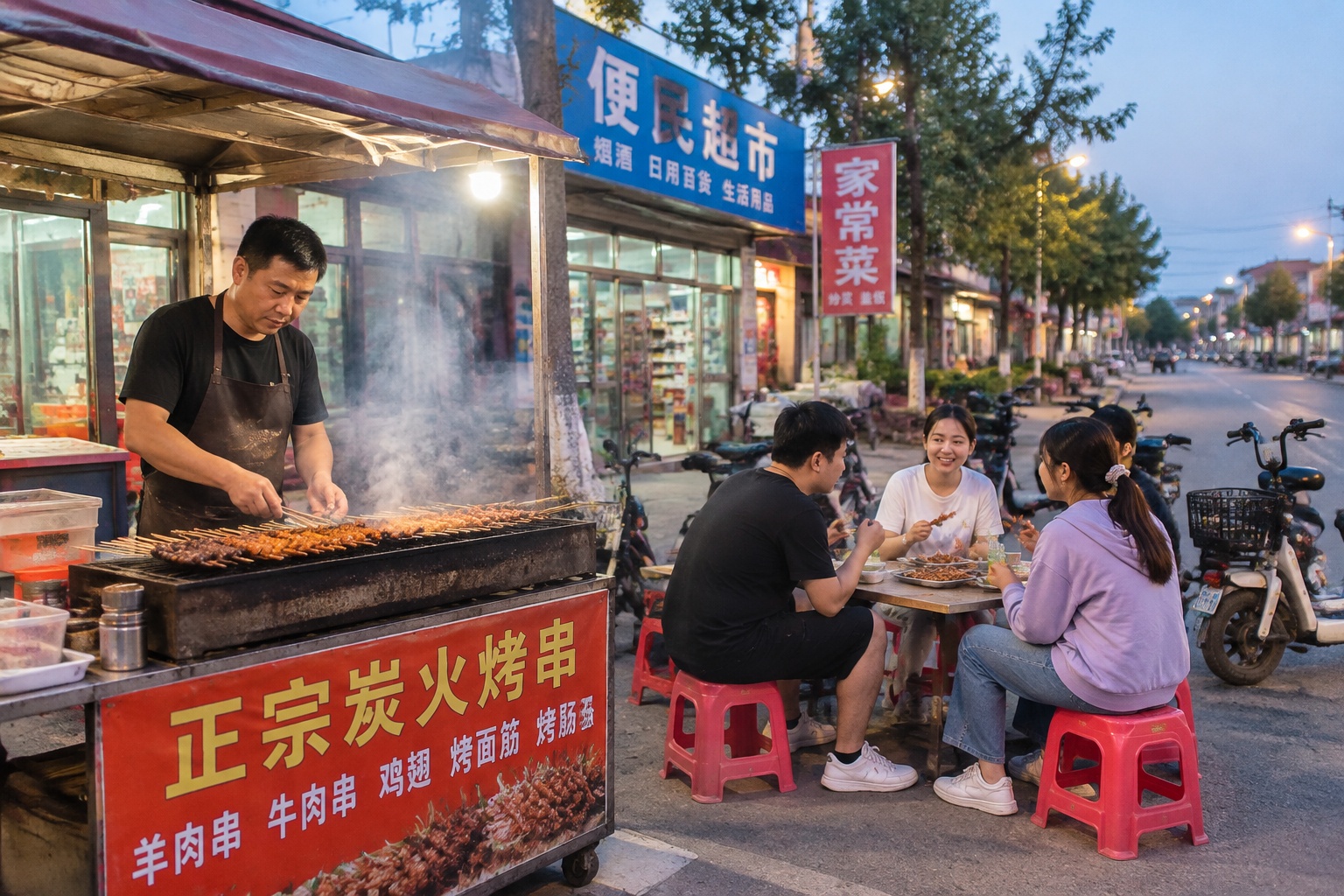 A roadside barbecue stall on a Hebei county-town street at night, with smoke rising and customers seated on plastic stools