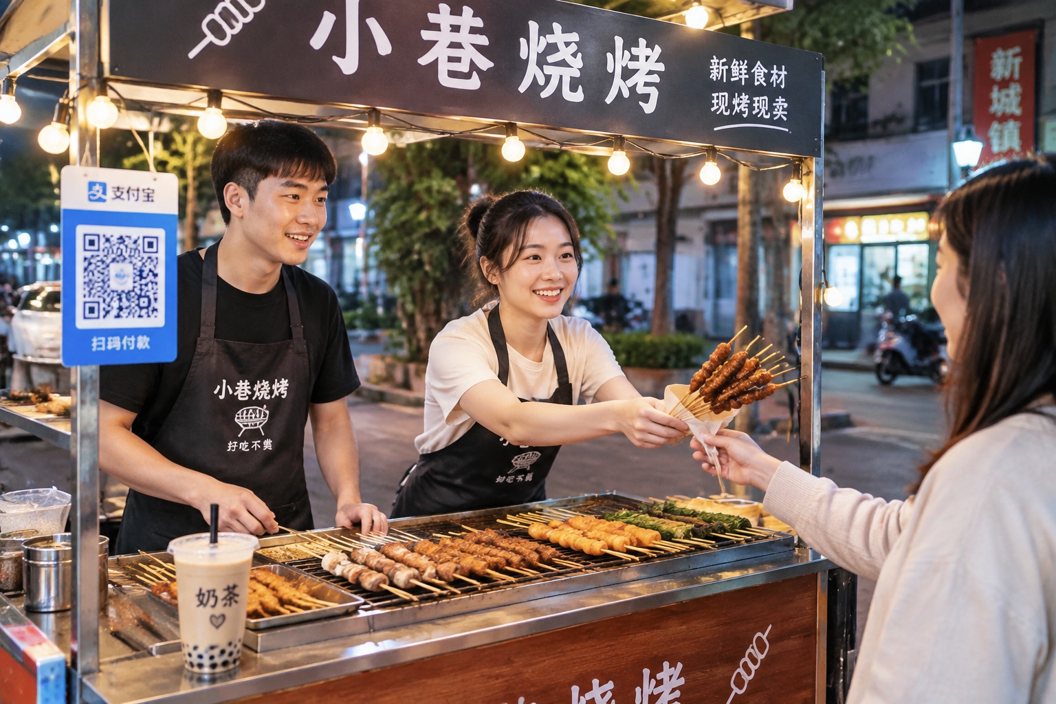 A young couple running a barbecue cart at a county-town night market in Hebei, with a QR-code payment sign and string lights