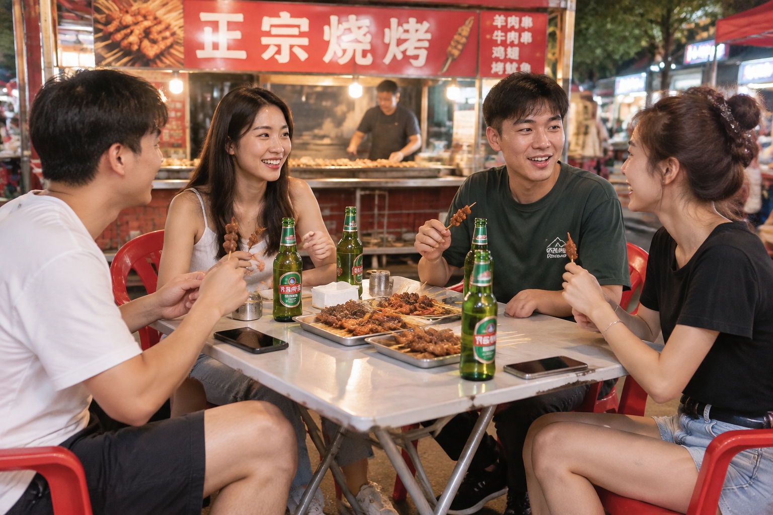 Four young friends sharing skewers and beer at a folding table at a Hebei night market