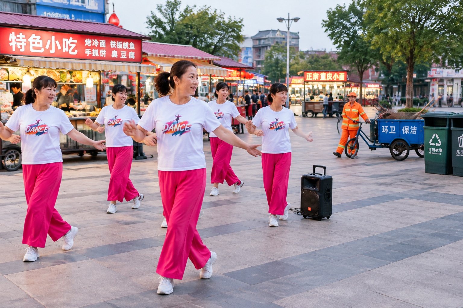 A square-dancing group in a county-town plaza beside a night-market street, with a cleaner passing by