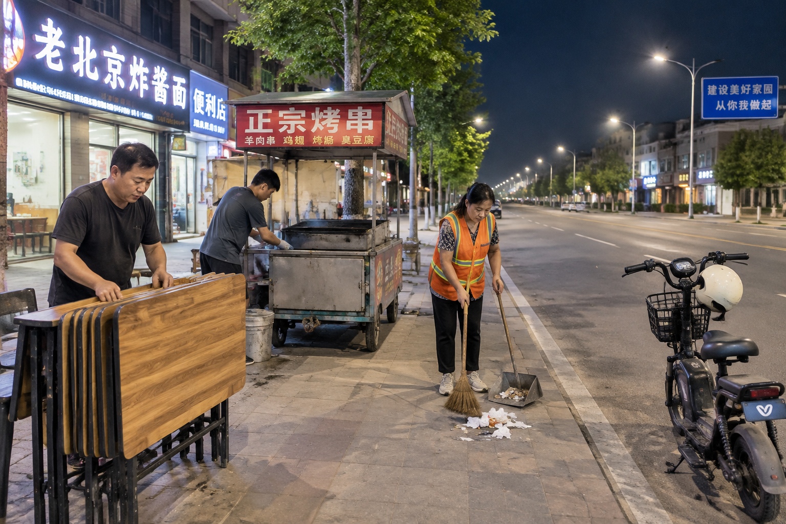 Vendors closing their barbecue cart and stacking tables on a quiet county-town street late at night in Hebei