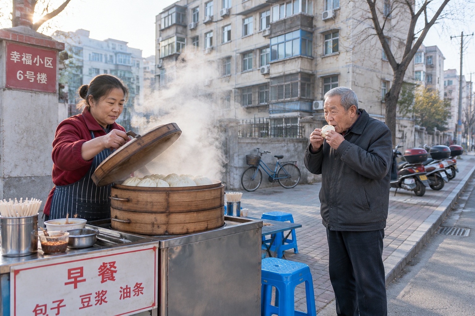 Street breakfast stall outside an old residential compound in Tangshan at dawn, with steam rising from a steamer and an older man eating standing up