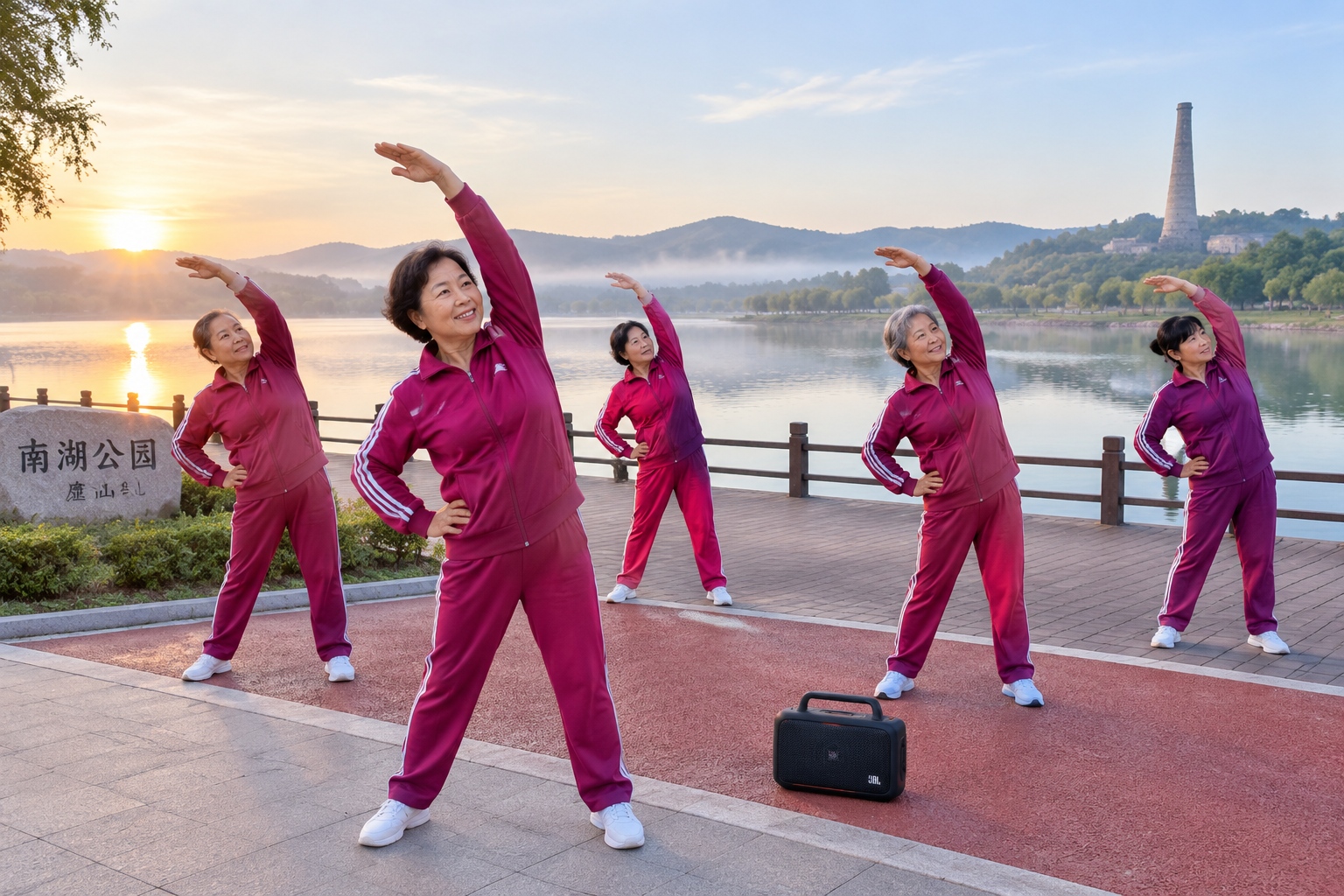 Retired women exercising with a portable speaker on the lakeside path at Nanhu Park in Tangshan, with a preserved kiln chimney in the background