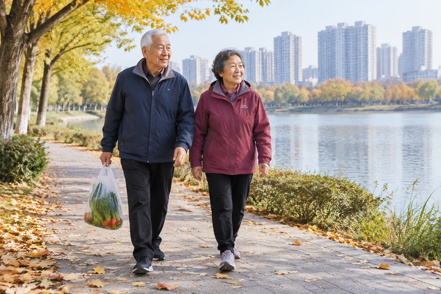 Older couple walking home through a lakeside park in Tangshan carrying vegetables, with apartment towers across the water