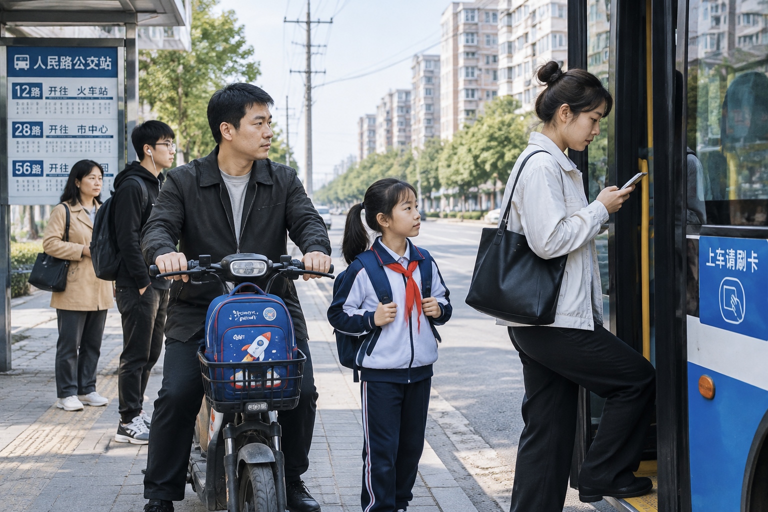 Young parents managing the morning school run and commute at a bus stop in Tangshan