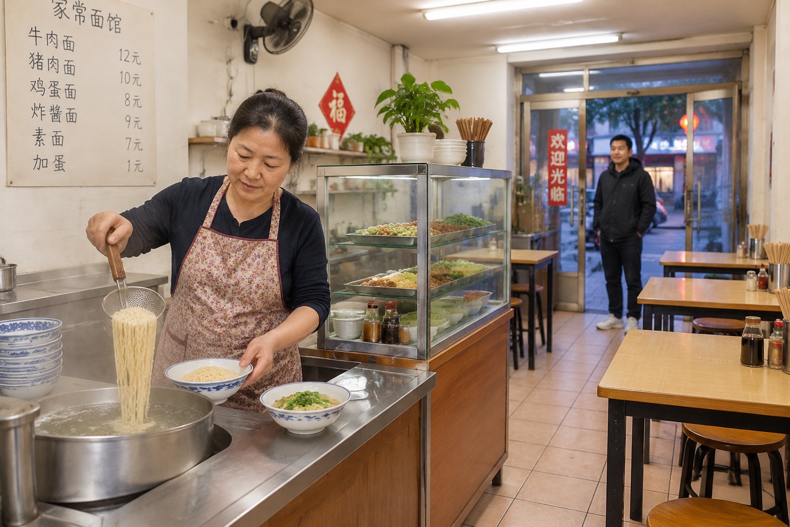 Woman serving hand-pulled noodles in a small neighborhood noodle shop near Nanhu Park in Tangshan