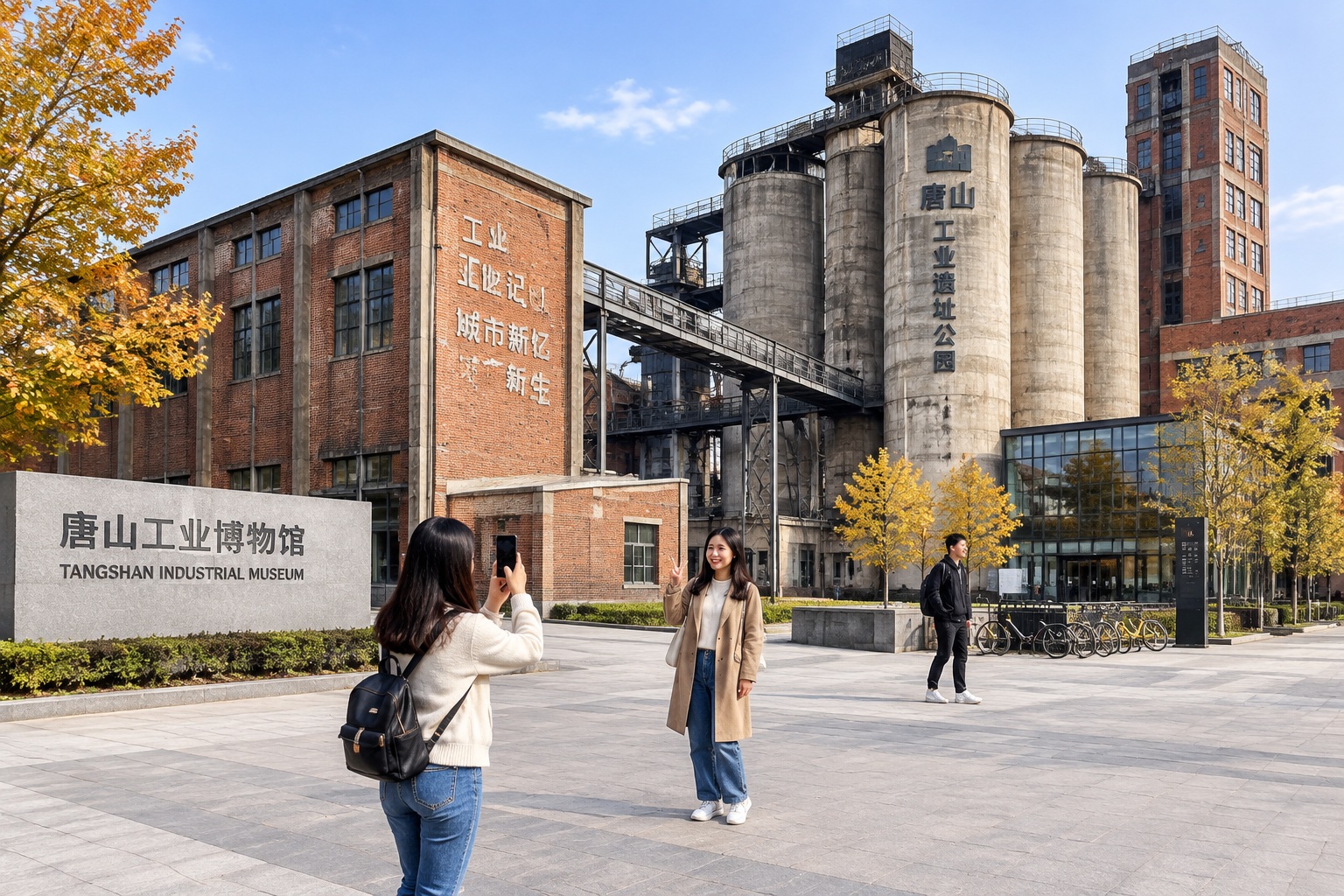 Visitors outside the converted Qixin cement factory in Tangshan, now an industrial museum and creative park