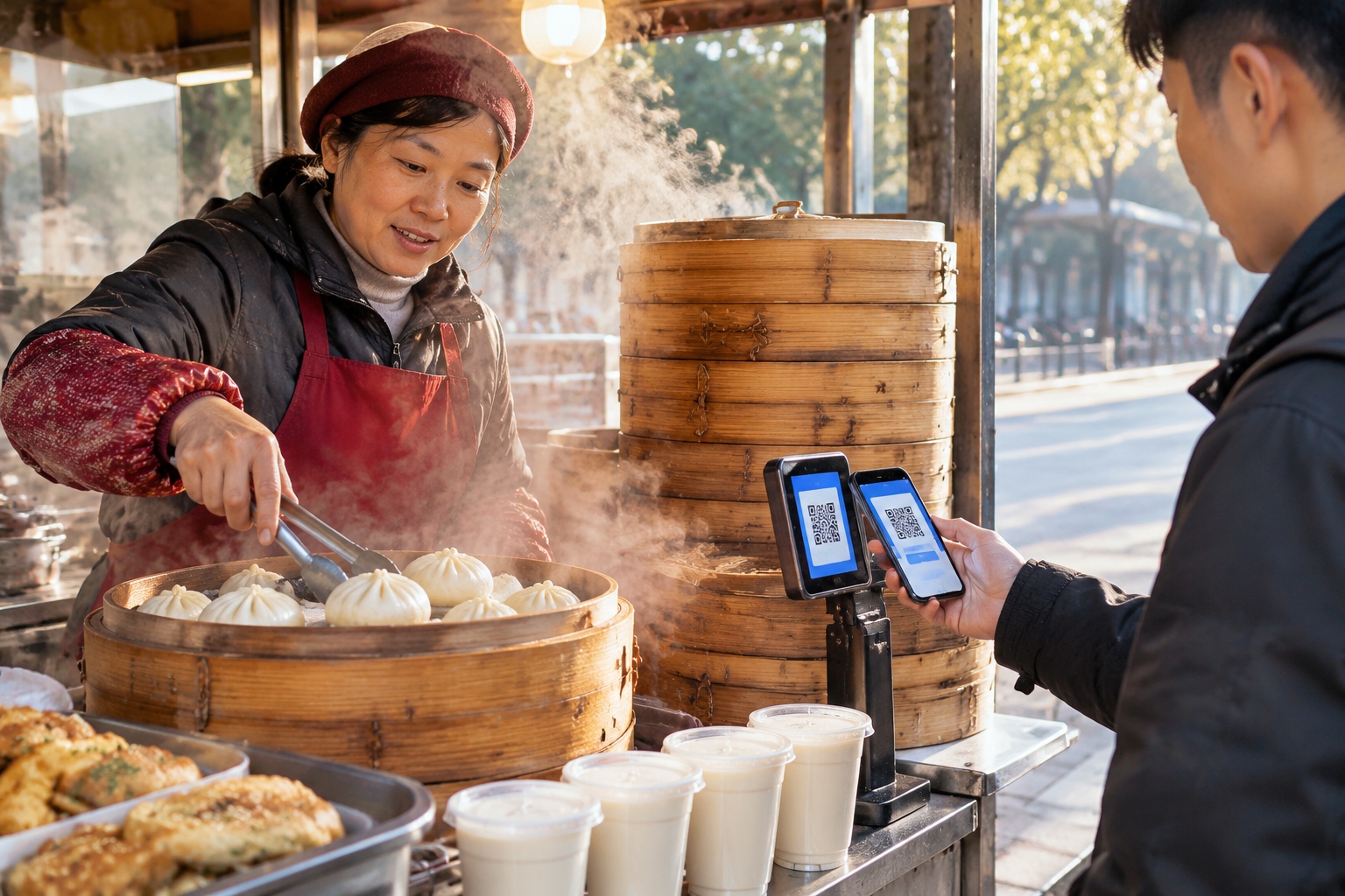 A customer paying with a phone at a street breakfast cart with stacked bamboo steamers in early morning light in a Chinese city