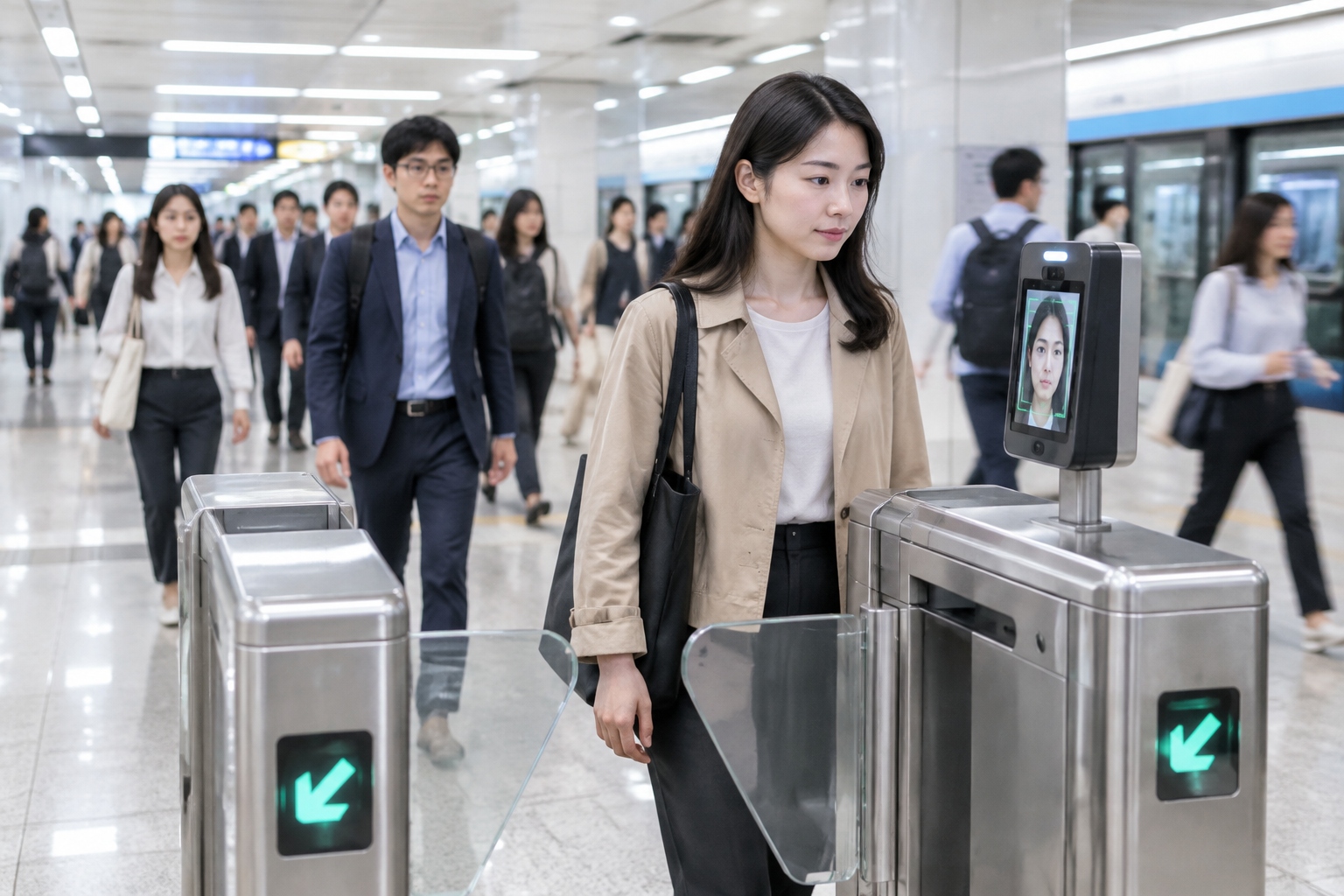 A commuter looks at a facial recognition screen to pass through a metro ticket gate during morning rush hour in a Chinese city