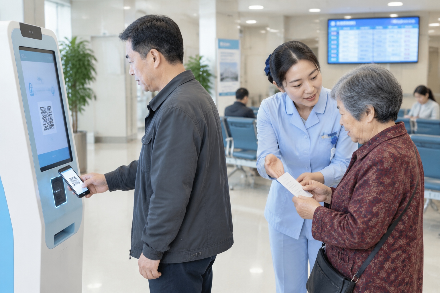 A patient uses a self-service kiosk at a Chinese hospital while a staff member helps an older woman nearby