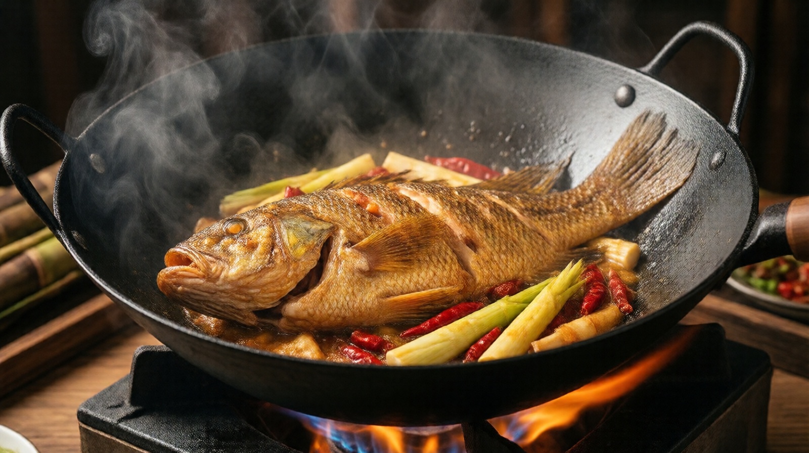 Stinky mandarin fish frying in a wok with bamboo shoots and chilies, showcasing Huizhou cooking technique