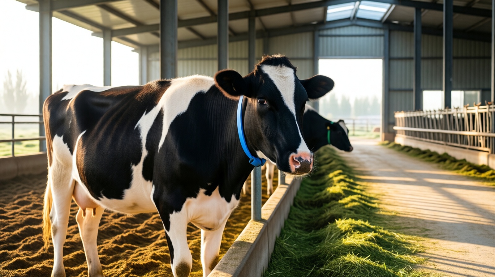 Holstein cow wearing a blue smart collar in a modern dairy barn in Ningxia, China