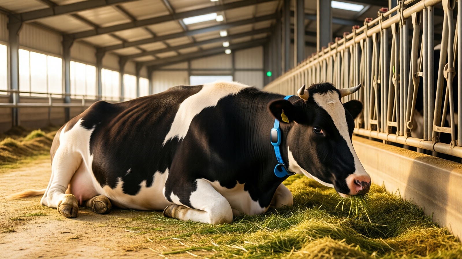Holstein cow resting in a modern Ningxia dairy barn with a smart collar around its neck