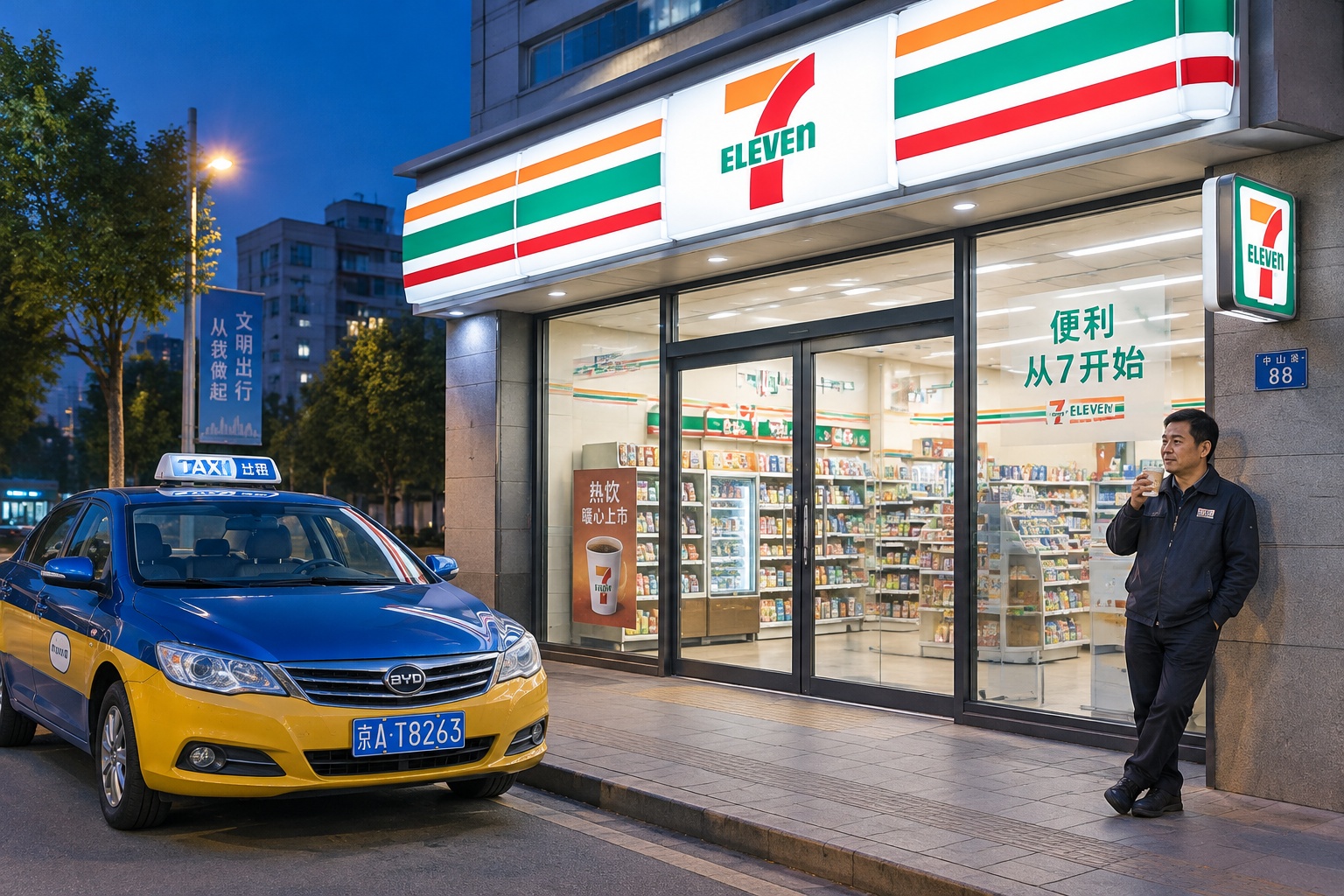 7-Eleven convenience store exterior at night in China with taxi driver taking a break
