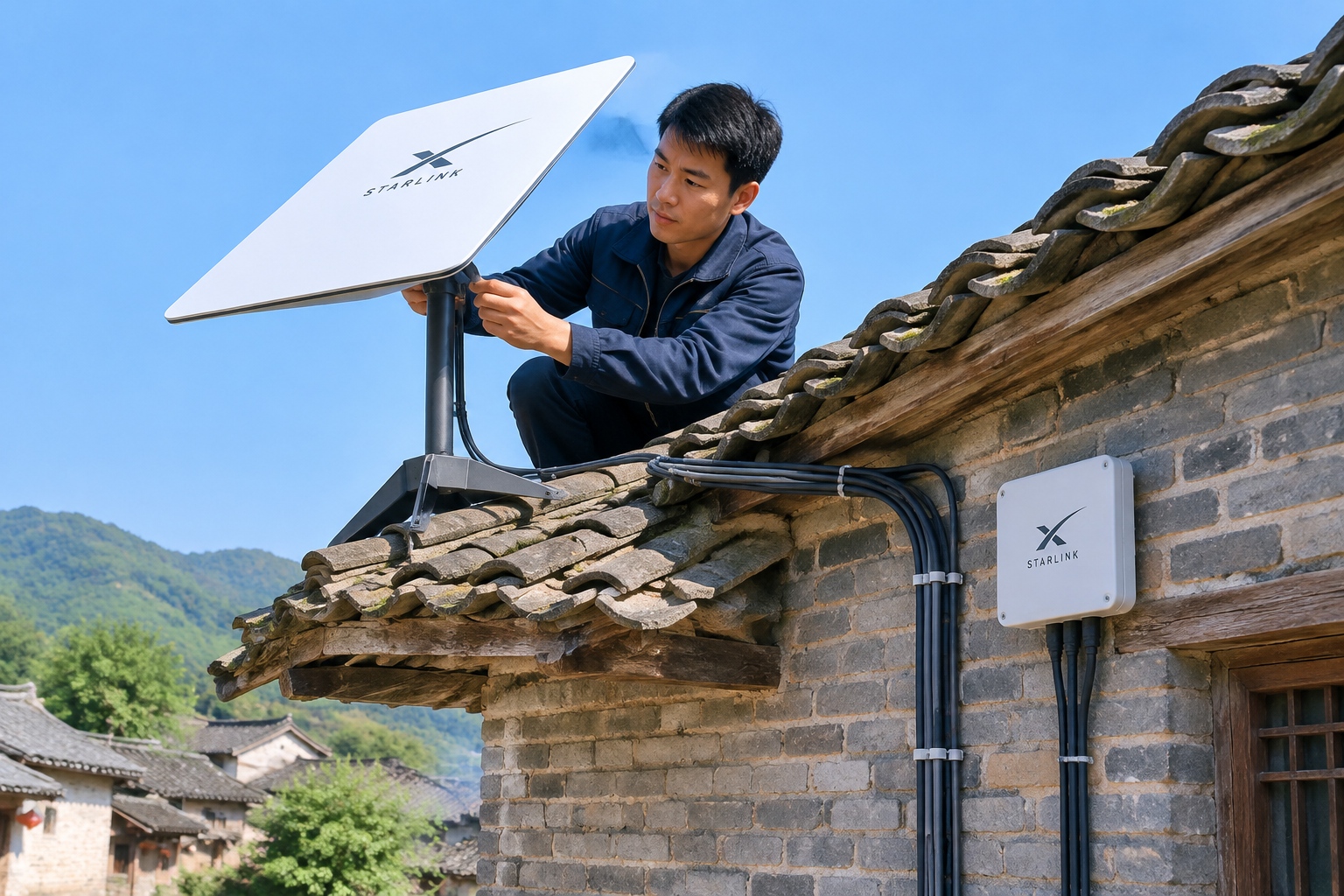 Starlink satellite equipment installed on a traditional Chinese rural house roof indicating modern internet connectivity in Yunnan
