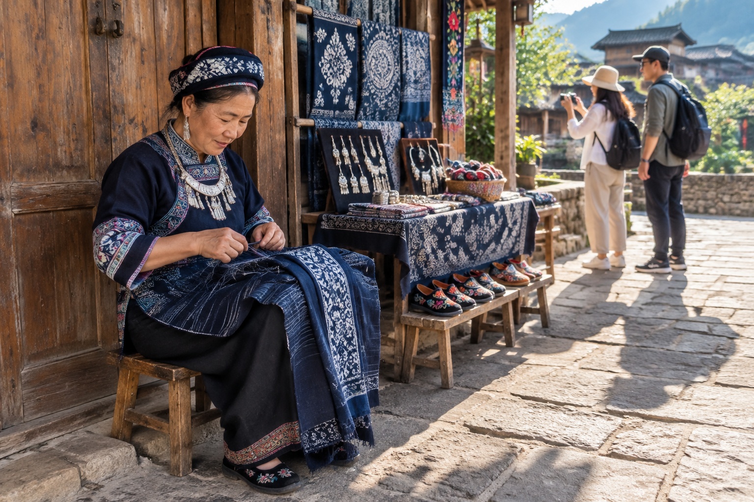 Buyi woman selling handmade embroidery to tourists in Shitouzhai village