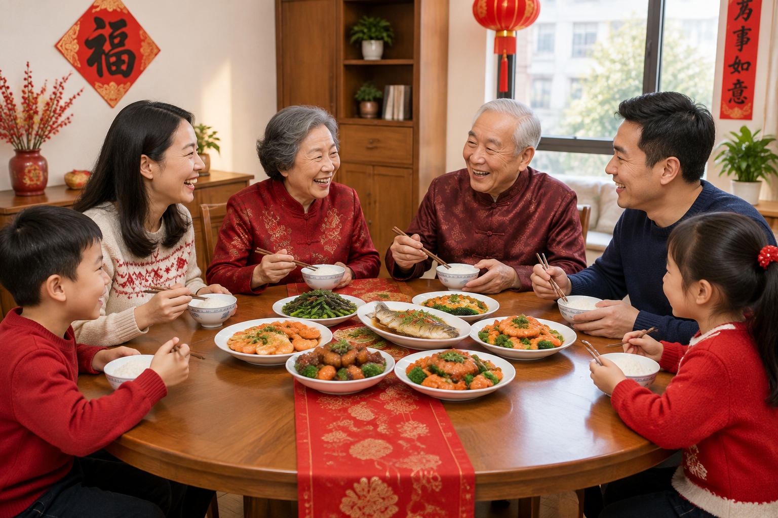 Extended Chinese family having a joyful reunion dinner during Spring Festival