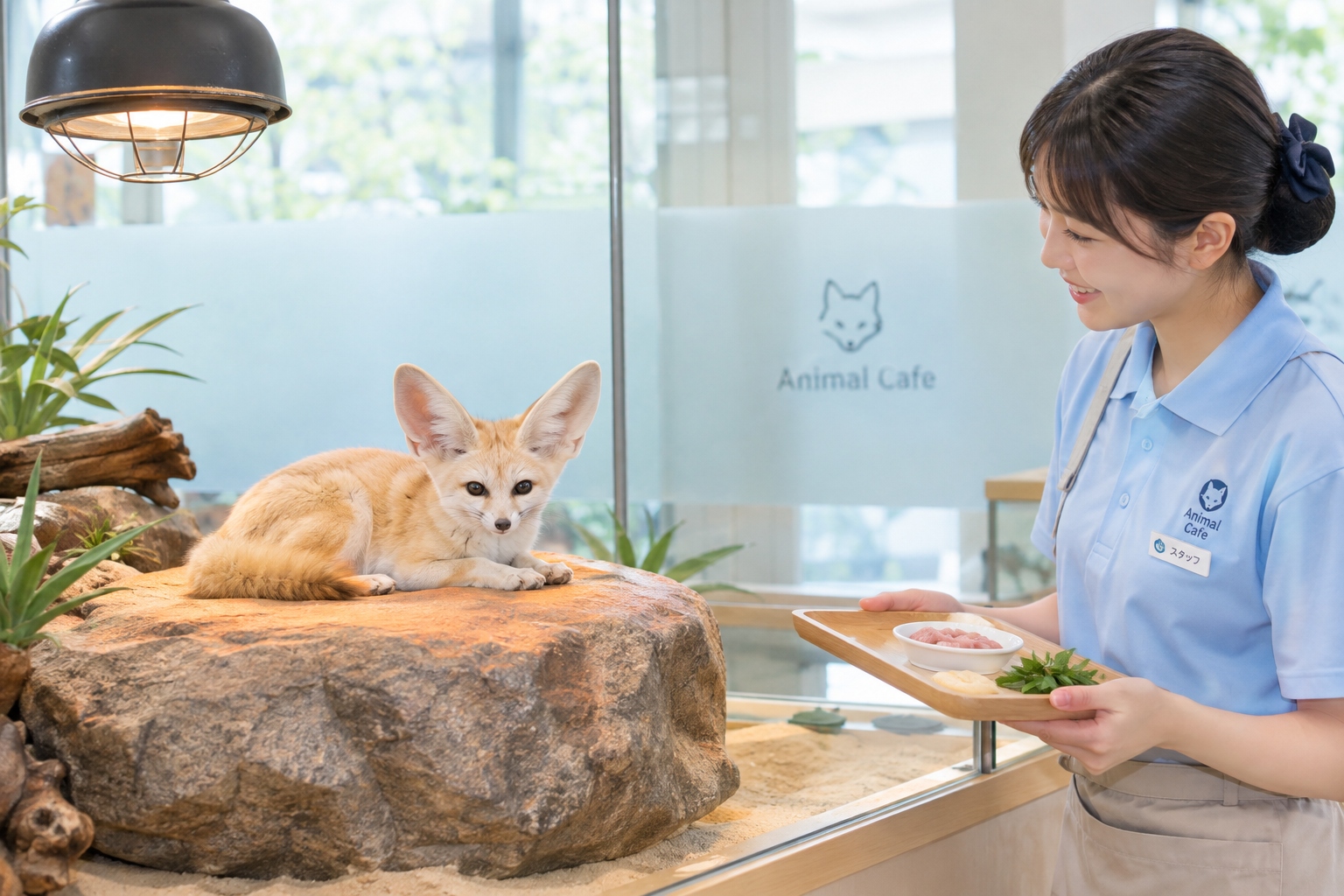 Fennec fox resting in a climate-controlled enclosure at an urban exotic pet lounge, with staff monitoring welfare standards