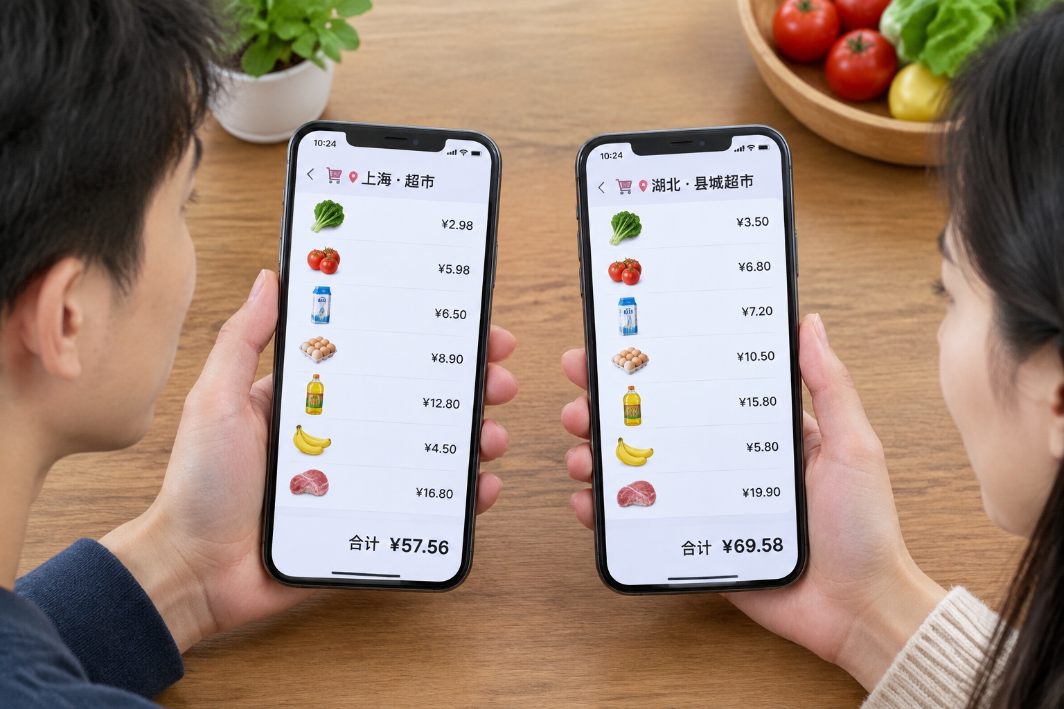 Two smartphones showing grocery receipts side by side for price comparison