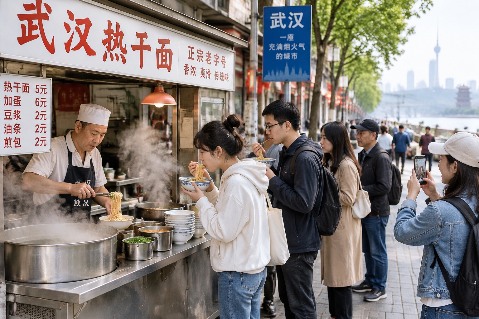 A Wuhan breakfast stall serves hot dry noodles to a queue of locals and tourists on a lively morning street.