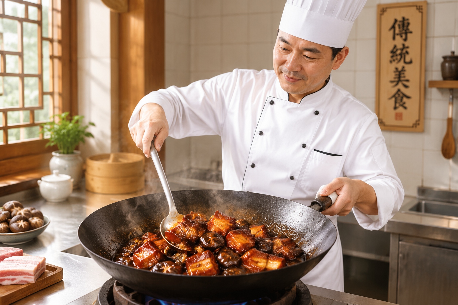 Chef cooking braised pork with soy sauce and mushrooms in a traditional wok