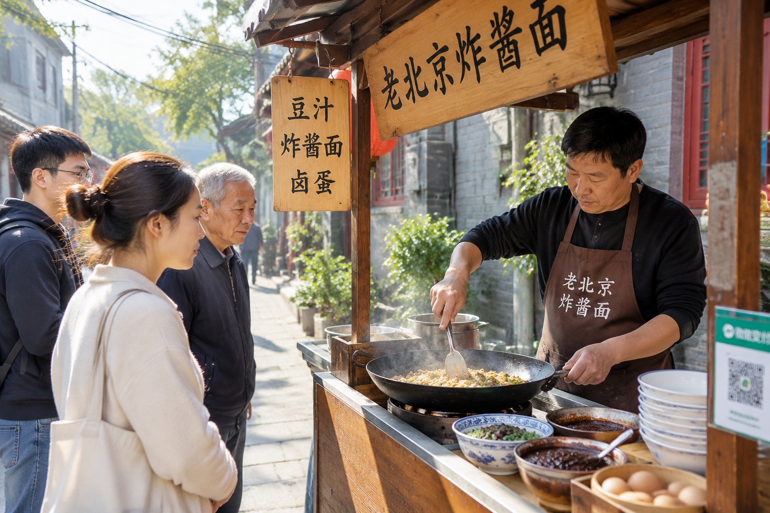 Street food vendor preparing breakfast in a newly renovated Chinese neighborhood alley with original brick walls and modern storefronts