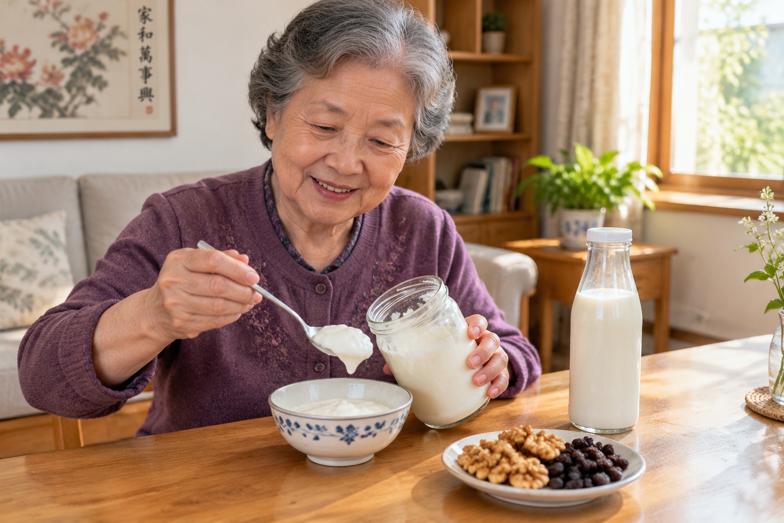 Elderly woman enjoying Xinjiang old yogurt at home with milk and nuts