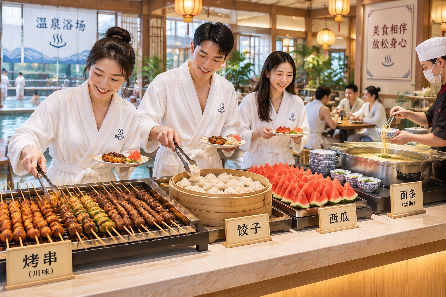 An extensive buffet table at a Chinese bathhouse offering local specialties like grilled skewers and dumplings.