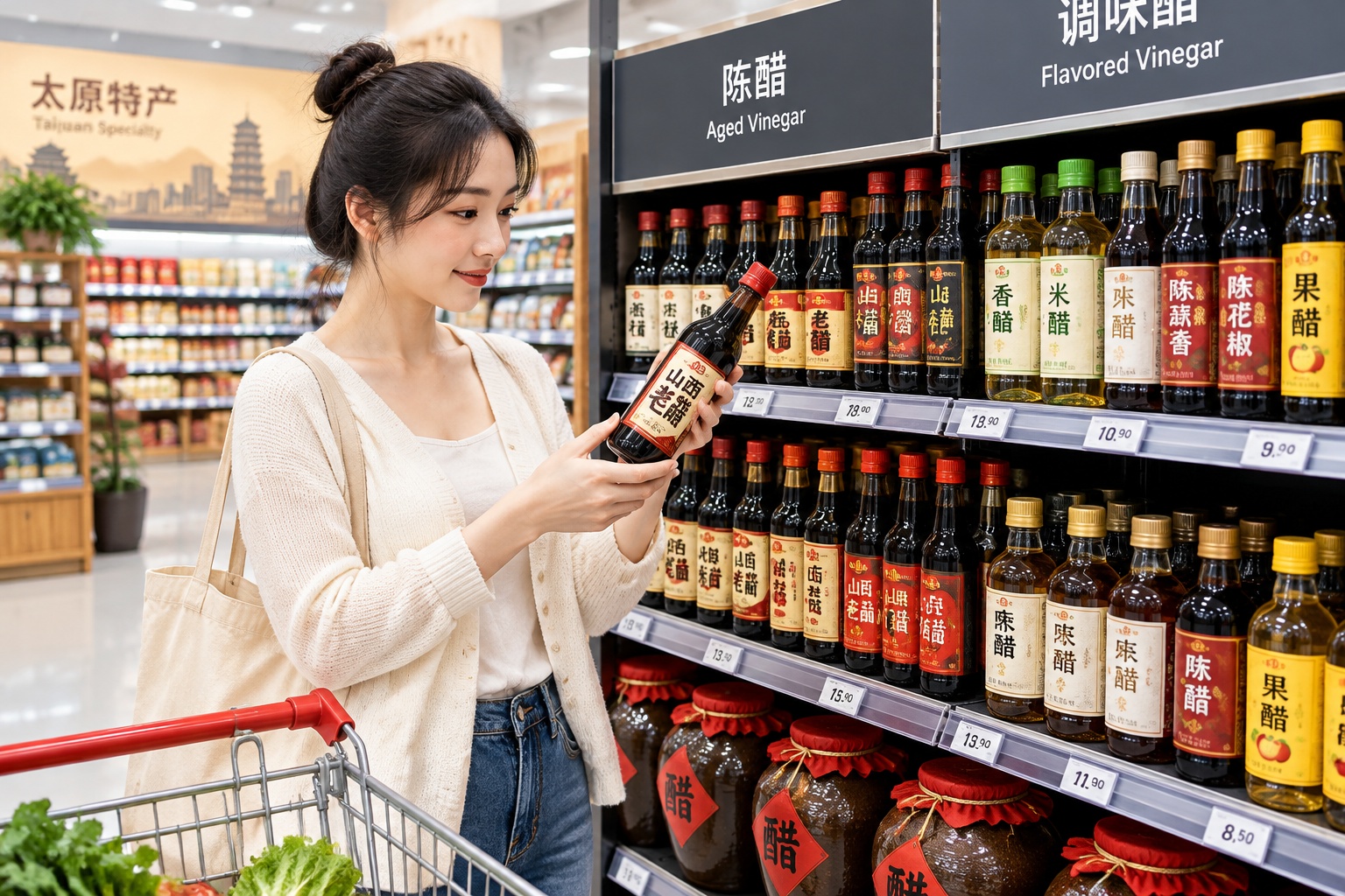 Modern supermarket shelf in Shanxi showing a wide variety of packaged vinegars for sale