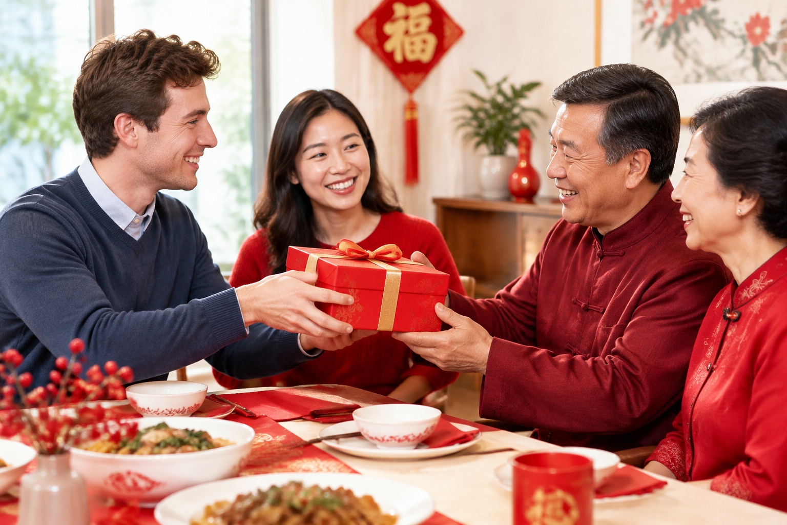 A friendly exchange of red-wrapped gifts at a Chinese family gathering, highlighting positive color symbolism