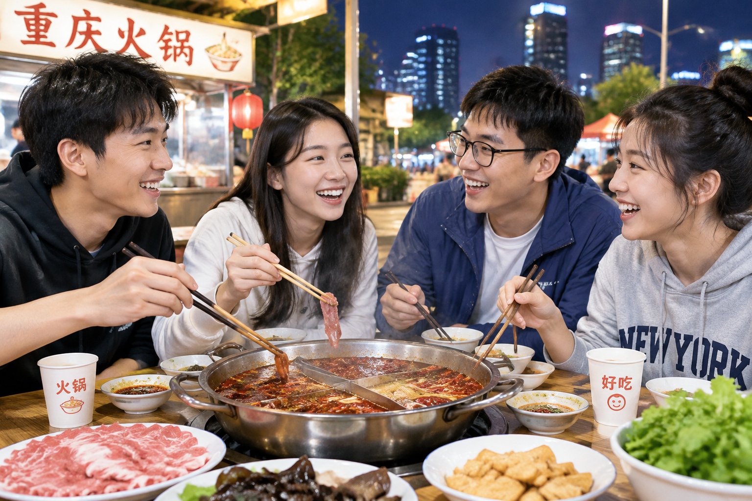 Chinese friends bonding over street food after a script-killing LARP session